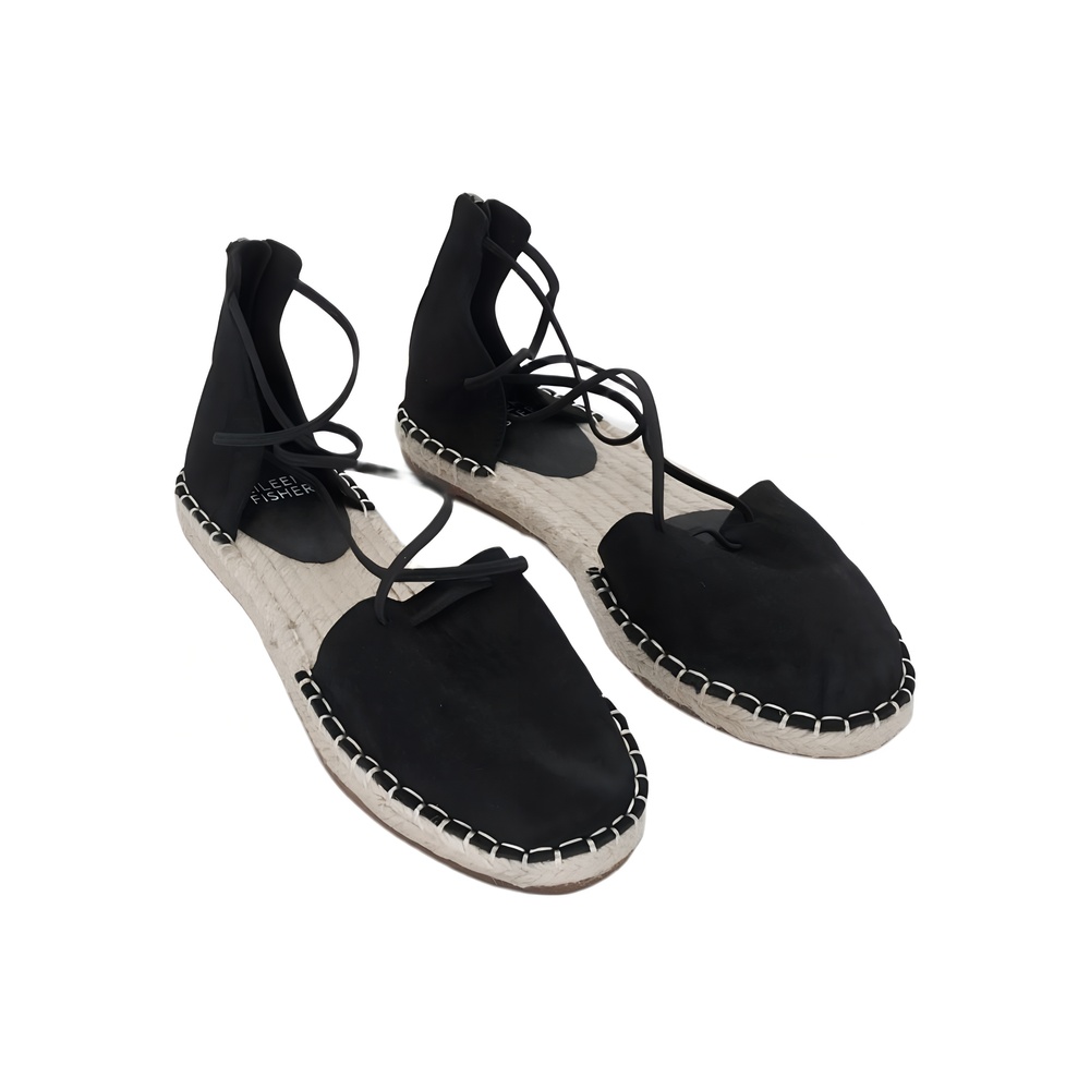 Eileen Fisher Lace Leather Espadrille Flat Sandals Black Size 5